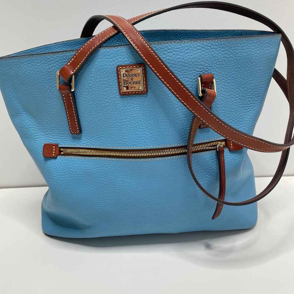 Dooney & Bourke Turquoise Pebbled Leather Tote Bag Brown Trim Blue Shoulder Bag - Picture 3 of 16